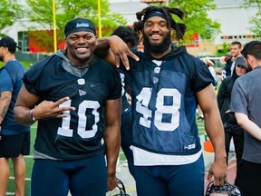 Argos linebackers Henoc Muamba (left) and Wynton McManus will play key roles in tomorrow’s East final against he Als.