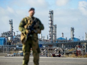 Soldiers from the Norwegian Home Guard step up security and assist police at the Karst gas processing plant in Rogaland county, Norway, October 3, 2022.