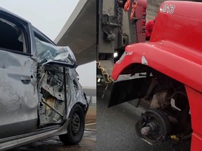Frame grabs from video posted by OPP Highway Safety Division show a car damaged after a wheel separated from a transport truck (right) along westbound Hwy. 401 on Thursday, Nov. 24, 2022.