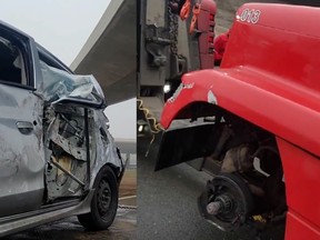 Two frame grabs from a video posted by OPP Highway Safety Division, show a car damaged after a wheel separated from a transport truck (right) along the westbound 401. Twitter/@OPP_HSD