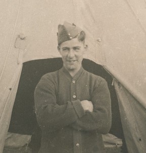 Pte. Tony Mastromatteo outside a Bell tent. Photo courtesy The Argyll and Sutherland Highlanders of Canada
