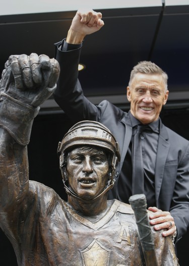 Toronto Maple Leaf legends, Borje Salming and Mats Sundin, with there families,were on hand at Maple Leaf Sq. outside the ACC in Toronto, Ont. for the unveiling of there bronze statues to be added to Legends Row on Saturday September 12, 2015. Dave Thomas/Toronto Sun/Postmedia Network
