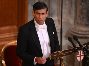 Britain's Prime Minister Rishi Sunak speaks during the Lord Mayor's Banquet at Guildhall in central London on November 28, 2022.