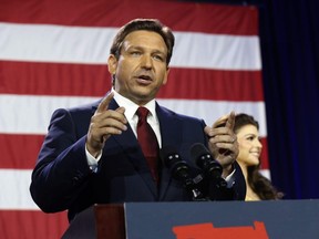 Florida Gov. Ron DeSantis gives a victory speech after defeating Democratic gubernatorial candidate Rep. Charlie Crist during his election night watch party at the Tampa Convention Center in Tampa, Fla., Tuesday, Nov. 8, 2022.