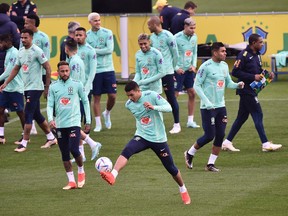 Soccer Football - FIFA World Cup Qatar 2022 - Brazil Training - Juventus Training Center, Turin, Italy - November 17, 2022
Brazil's Casemiro and Neymar during training.