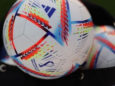 Soccer Football - FIFA World Cup Qatar 2022 - Argentina team holds a community engagement event - Qatar University Training Site 3, Doha, Qatar - November 18, 2022. A FIFA World Cup Qatar 2022 branded football is pictured during a community engagement event .