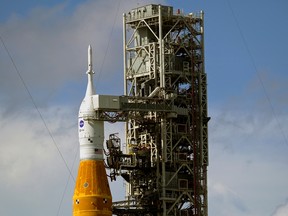 NASA's next-generation moon rocket stands at launch complex 39-B, while engineers examine possible damage to the vehicle from Hurricane Nicole at Cape Canaveral, Florida, November 11, 2022.