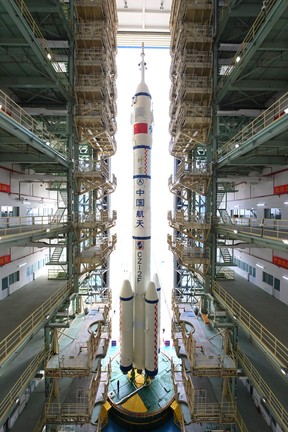 The Long March-2F rocket, carrying the Shenzhou-15 spacecraft, is transferred to the launching area at Jiuquan Satellite Launch Center near Jiuquan, Gansu province, China Nov. 21, 2022.