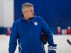 Toronto Maple Leafs head coach Sheldon Keefe runs practice at the Ford Performance Centre on Tuesday.