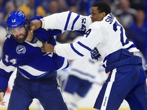 The Leafs Wayne Simmonds, right, is set to retirn Friday against the Minnesota Wild. Getty Images