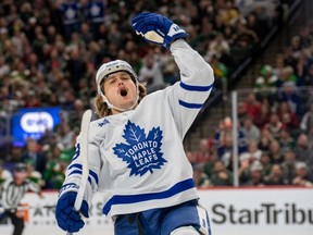 Toronto Maple Leafs right wing William Nylander celebrates after scoring in the third period against the Minnesota Wild at Xcel Energy Center on Nov. 25, 2022.