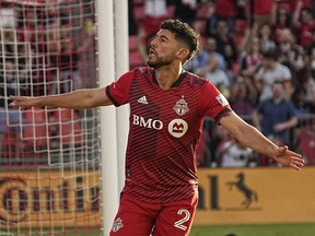 Jonathan Osorio celebrates after scoring a goal for Toronto FC during the 2022 season. Osorio might not be with TFC in 2023.