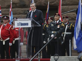 Toronto Mayor John Tory speaks at the Remembrance Day ceremony at the Toronto cenotaph at Old City Hall on Friday, Nov. 11, 2022.