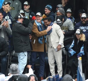 SIMMONS: Argonauts bask in Gray Cup limelight with downtown party 3 Toronto Argonauts general manager Michael (Pinball) Clemons is hugged by team president Bill Manning as the Argos take to the main stage at Maple Leaf Square for a victory rally to celebrate their championship Gray Cup on Thursday, November 24, 2022. JACK BOLAND/TORONTO SOLEIL