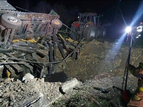 A view shows damages after an explosion in Przewodow, a village in eastern Poland near the border with Ukraine, in this image obtained from social media by Reuters released on Nov. 15, 2022.