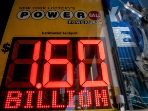 A digital billboard advertising Powerball's Jackpot of $1.6 billion is displayed in New York City, Nov. 4, 2022.