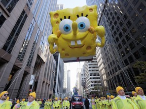 The Spongebob squarepants balloon flies during the Macy's 96th Thanksgiving Day Parade in Manhattan, New York on November 24, 2022.