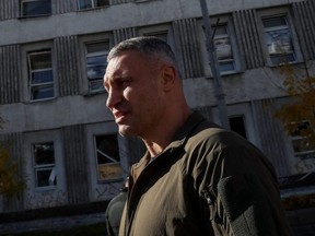 Kyiv Mayor Vitali Klitschko visits central Kyiv, the place of morning Russian military strike, as Russia's invasion of Ukraine continues, Oct. 10, 2022.