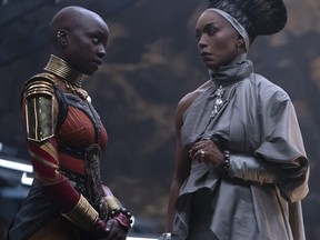 Danai Gurira as Okoye and Angela Bassett as Ramonda in Marvel Studios' BLACK PANTHER: WAKANDA FOREVER.
