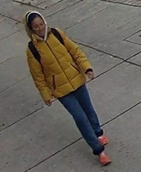 An image released by Toronto Police of a woman wanted in the assault of another woman on Danforth Ave. on Nov. 27, 2022.