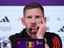 Belgian defender Jan Vertonghen speaks during a press conference on the eve of the Qatar 2022 World Cup football match between Belgium and Canada at the Qatar National Convention Center (QNCC) in Doha, 22 November 2022. 