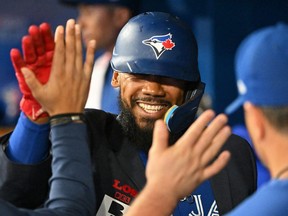 Toronto Blue Jays right field Teoscar Hernandez celebrates a second inning home run against the Boston Red Sox at Rogers Centre.