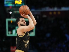 Toronto Raptors guard Fred VanVleet shoots during the 3-Point Contest during the 2022 NBA All-Star Saturday Night at Rocket Mortgage Field House.