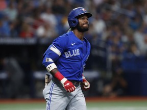 Toronto Blue Jays' Raimel Tapia reacts after flying out against the Tampa Bay Rays during the second inning of a baseball game, Sept. 24, 2022, in St. Petersburg, Fla.