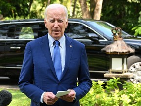 U.S. President Joe Biden speaks about the situation in Poland following a meeting with G7 and European leaders on the sidelines of the G20 Summit in Nusa Dua on the Indonesian resort island of Bali on Nov. 16, 2022.