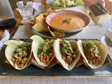 A flight of tacos and homemade gazpacho hits the spot for lunch at Matachica Resort and Spa's Bistro restaurant.