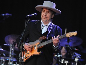 In this file photo taken on July 22, 2012 Bob Dylan performs on stage during the 21st edition of the Vieilles Charrues music festival in Carhaix-Plouguer, France.