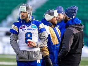 Winnipeg Blue Bombers quarterback Zach Collaros (8) during walk-though practice at Mosaic Stadium on Saturday, Nov. 19, 2022 in Regina.