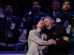 Former Toronto Maple Leafs defenceman Borje Salming is honored during a pre-game ceremony prior to a game between the Maple Leafs  and Canucks at Scotiabank Arena on Nov. 11, 2022 in Toronto.