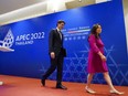 Prime Minister Justin Trudeau is joined by Minister of International Trade Mary Ng after a news conference following his participation in the APEC summit in Bangkok, Thailand, Nov. 18, 2022.