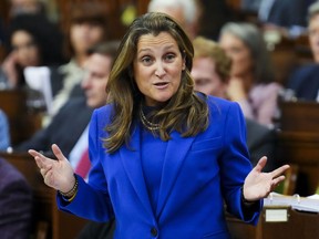 Finance Minister Chrystia Freeland speaks during question period in the House of Commons on Parliament Hill in Ottawa on Monday, Oct. 3, 2022. Federal parties are pushing their fiscal priorities ahead of the release of the fall economic statement, with the Conservatives calling for no new spending and the NDP raising concerns about a potential recession.
