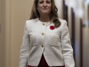Deputy Prime Minister and Finance Minister Chrystia Freeland makes her way to a cabinet meeting on Parliament Hill, In Ottawa, Thursday, Nov. 3, 2022.