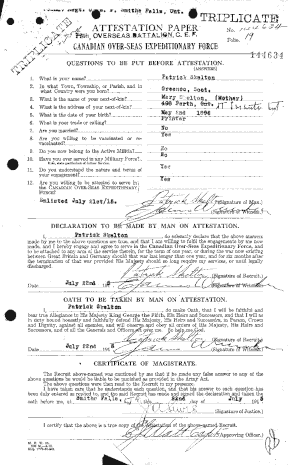 Peter “Patrick” Skelton’s enlistment papers to join the Canadian Expeditionary Force in 1915.