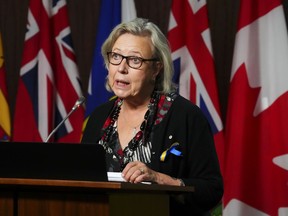 Green Party leadership candidate Elizabeth May speaks during a press conference on Parliament Hill in Ottawa on Thursday, Sept. 29, 2022.