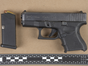 A fully-loaded 9mm compact Glock pistol was seized at a Brampton hotel on Tuesday, Nov. 15, 2022.