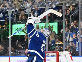 Toronto Maple Leafs goalie Erik Kallgren celebrates at the end of a 2-1 win over the Boston Bruins at Scotiabank Arena.