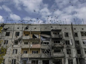 Birds fly over a damaged building in the Kherson region village of Arkhanhelske on Nov. 3, 2022, which was formerly occupied by Russian forces.