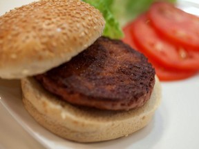 The world's first lab-grown beef burger is seen after it was cooked at a launch event in London, England, Aug. 5, 2013.