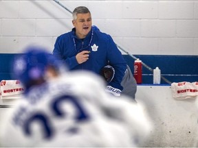 Toronto Maple Leafs head coach Sheldon Keefe during practice at the Ford Performance Centre the Etobicoke area of Toronto on Tuesday November 1, 2022.