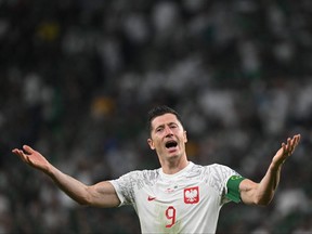 Poland's forward Robert Lewandowski celebrates scoring his team's second goal during the Qatar 2022 World Cup Group C football match between Poland and Saudi Arabia at the Education City Stadium in Al-Rayyan, west of Doha on Nov. 26, 2022.