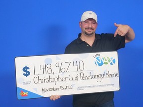 Christopher Grenier, 41, of Penetanguishene, Ont., won more than $1.4 million in the LOTTO MAX draw on Oct. 14, 2022.