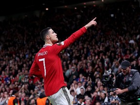 Cristiano Ronaldo of Manchester United celebrates after scoring their team's third goal during the UEFA Europa League group E match between Manchester United and Sheriff Tiraspol at Old Trafford on October 27, 2022 in Manchester, England.