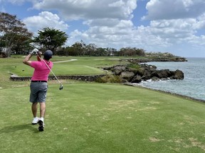 Postmedia's National Golf writer Jon McCarthy hits 3-wood off the tee.