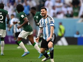 Argentina's forward #10 Lionel Messi reacts during the Qatar 2022 World Cup Group C football match between Argentina and Saudi Arabia at the Lusail Stadium in Lusail, north of Doha on November 22, 2022.