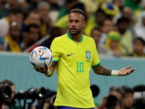 Neymar of Brazil reacts during the FIFA World Cup Qatar 2022 Group G match between Brazil and Serbia at Lusail Stadium on Nov. 24, 2022 in Lusail City, Qatar.