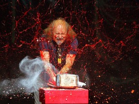 Comedian Gallagher smashes strawberry syrup and flour at the end of his performance at the Five Flags Theater in Dubuque, Iowa in this Nov. 18, 2006 file photo. Gallagher died Friday at his home in Palm Springs, Calif., after a brief illness.